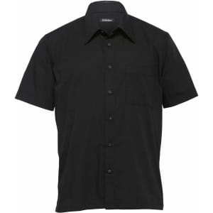 A black short sleeve button-up shirt for men with a single chest pocket and a logo.