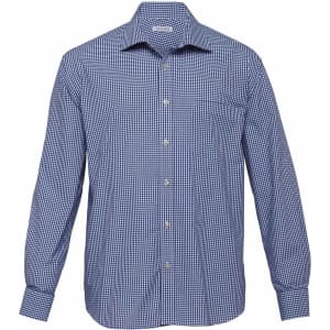 A blue and white check button-up shirt for men with a chest pocket and long sleeves. Features a logo on the collar.