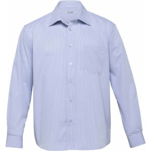 A blue and white striped long-sleeve button-up shirt for men, featuring a pocket and a logo on the collar.