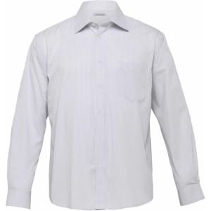 A men's button-up shirt in white with subtle stripes, featuring a chest pocket and an adjustable collar.