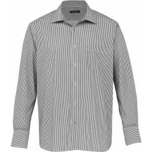 A men's button-up shirt featuring a black and white striped pattern and a chest pocket. It has a logo on the collar.