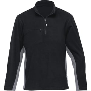 A black jumper with grey side panels and a zip collar, featuring a small pocket on the front. It includes a logo.