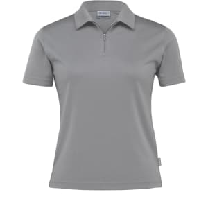 A women's polo shirt in grey with a zip collar and short sleeves. It features a logo on the chest.