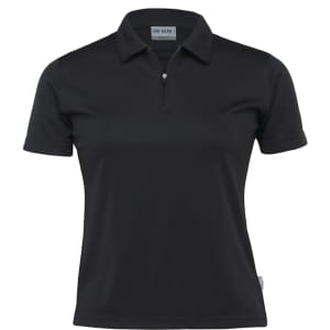 A black women's polo shirt with a collar and a quarter zip, featuring branding on the label.