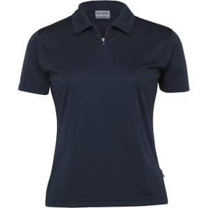 A navy women's polo shirt with a zip collar and a logo on the chest, featuring short sleeves and a classic fit.