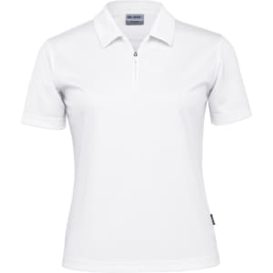 A white women's polo shirt with a zippered collar, featuring a logo on the side.