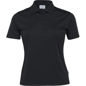 A women's black polo shirt with a ribbed texture and a logo on the collar.