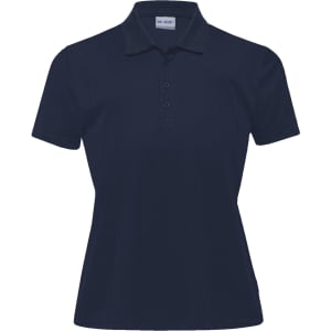 Navy blue women's polo shirt with a collar, three buttons, and a branding logo.