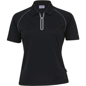 A black women's polo shirt with a quarter zip and contrasting piping, featuring a logo on the sleeve.