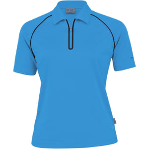 A women's polo shirt in bright blue with black accents and a small zip collar. Features a logo on the sleeve.
