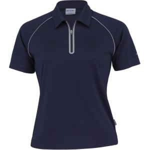 A women's navy polo shirt featuring a zippered collar and contrast stitching. The shirt includes a logo.