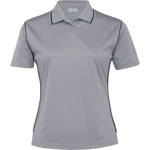 A women's polo shirt in light grey with black accents and a branding logo on the top.