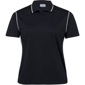A black women's polo shirt with white piping and a brand logo on the collar.