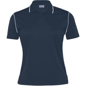 A women's navy polo shirt featuring white piping and a logo on the chest.