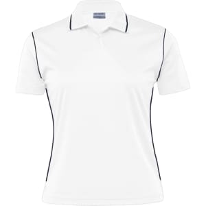 A women's polo shirt in white with navy blue detailing and a logo on the chest.