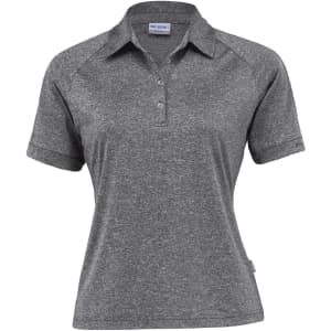 A women's grey melange polo shirt with a collar and a logo on the side.