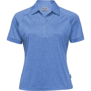 A women's polo shirt in a melange blue colour with a collar and buttons, featuring a logo.