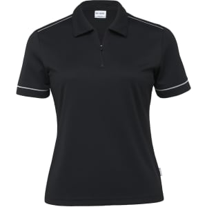A women's black polo shirt featuring a zip and contrasting trim, with a logo on the chest.