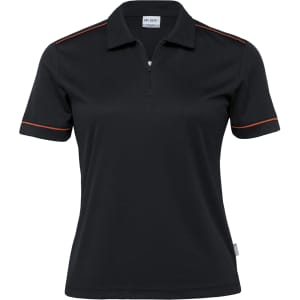 A black women's polo shirt featuring contrasting red trim and a logo on the chest.