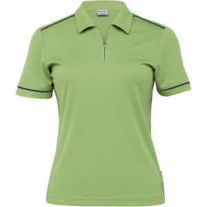 A green women's polo shirt with a zippered collar and contrasting trim, featuring a logo on the chest.