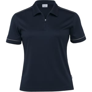 A women's polo shirt in navy blue with contrasting trim and a logo on the side.