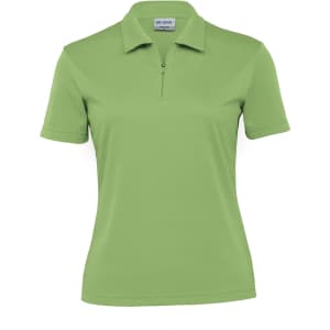 A short-sleeved women's polo shirt in light green with a zip-neck design and a logo on the chest.