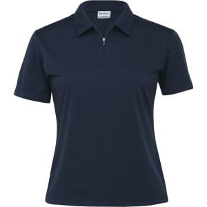 A navy blue women's polo shirt with a zip collar and short sleeves, featuring a branding logo.