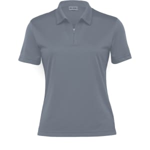 A grey women's polo shirt with a quarter zipper and a logo on the collar.