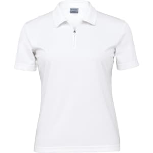 A white women's polo shirt featuring a zip collar and short sleeves, with a logo on the chest.