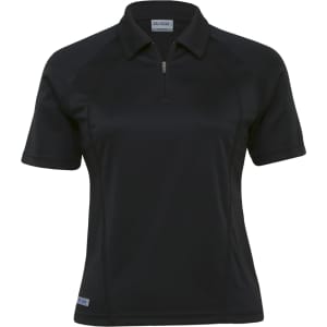 A black women's polo shirt with a zip collar and short sleeves, featuring a logo on the side.