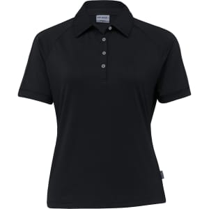 A women's black polo shirt featuring a collar, button placket, and logo branding. Designed for comfort and style.