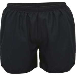 Black women's sports shorts with an elastic waistband and a logo. Perfect for activewear.