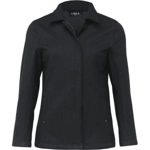 A black soft shell jacket for women featuring a zip front and a collar. Includes a logo on the design.