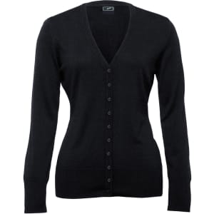 A black Merino cardigan for women featuring a V-neck and button closure, with long sleeves and ribbed hem.