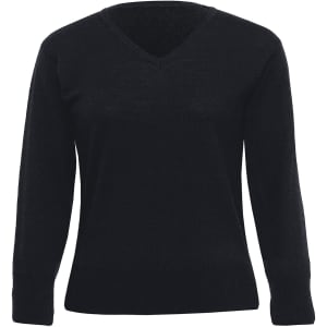 A black Merino Detailed Vee Pullover for women, featuring a classic V-neck and long sleeves.