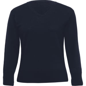 A women's knitted jumper in deep navy blue with a V-neckline and long sleeves. It features a simple design and has a logo.