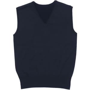 A navy blue, Merino wool fully fashioned vest with a V-neck design and sleeveless style. It features a logo.