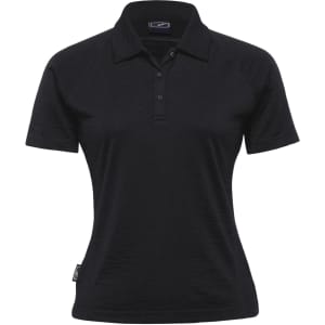 A black women's Merino short sleeve polo shirt with a classic collar and a logo.