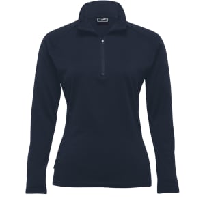 A navy Merino zip pullover for women with a quarter zip and long sleeves. Features a branding logo.