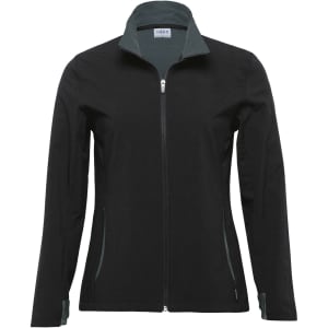 A women's soft shell jacket in black with green accents, featuring a zip front and two side pockets.