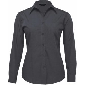 A button-up shirt for women in dark grey with a collared neckline and long sleeves. The shirt features a logo.