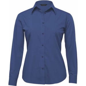 A women's button-up shirt in navy blue with a collar and long sleeves, featuring a logo on the tag.