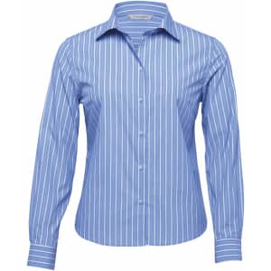 A women's button-up shirt featuring a light blue and white striped design. It has a collared neckline and long sleeves.