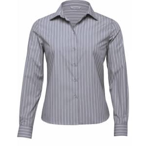 A women's button-up shirt featuring grey and white stripes, with a collared neckline and long sleeves. It has a logo.