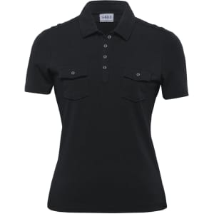 A black women's polo shirt featuring a collared neck and two chest pockets, with a logo on the label.