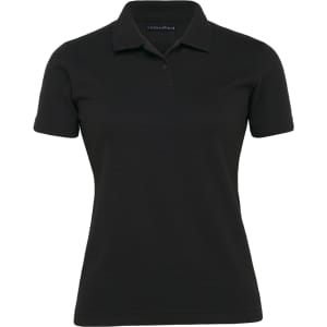 A women's black Jacquard Ottoman Bali polo shirt with a classic collar and short sleeves. It features branding.