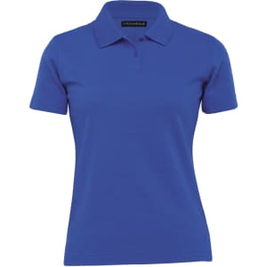 A women's polo shirt in royal blue with a classic collar and short sleeves, featuring a logo.