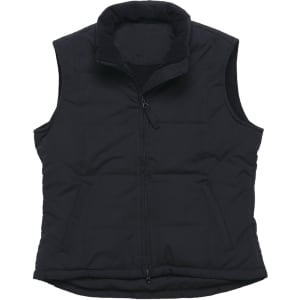 A black women's vest with a zip front and high collar, featuring a logo. Ideal for layering in cooler weather.