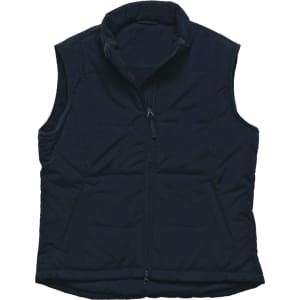 A black women's vest featuring a zip front and a high collar, with a logo on the fabric.