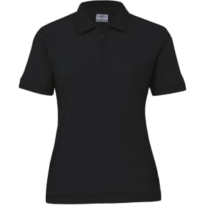 A women's polo shirt in black featuring a collar and a half-zip design. It has a logo on the front.